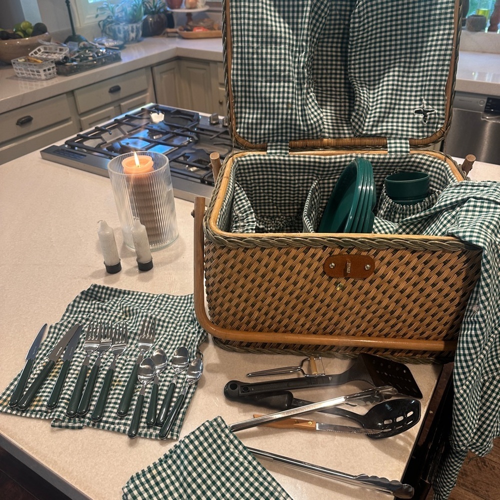 Vintage Wicker Picnic Basket with Green Checkered Accessories. Cottagecore